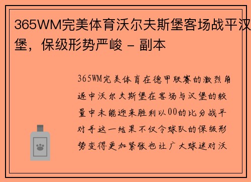 365WM完美体育沃尔夫斯堡客场战平汉堡，保级形势严峻 - 副本